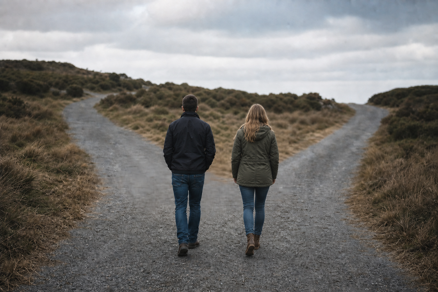 Two Figures Walking Side by Side on a Diverging Path-2